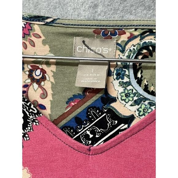 Chico's Dolman Sleeve Rayon Stretch Floral Pink Olive Blue Blouse Size 1 - Picture 5 of 5